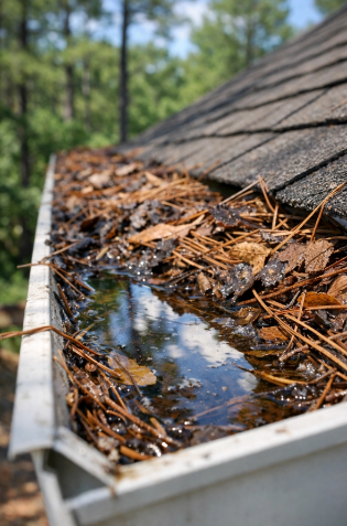 Clogged rain gutter with standing water and debris—a common mosquito breeding site