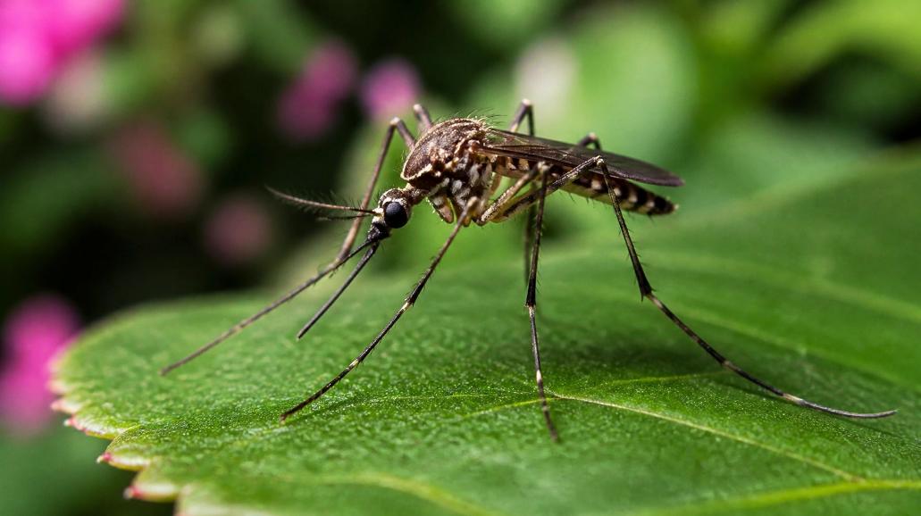 Mosquito resting on a green leaf during mosquito awareness week