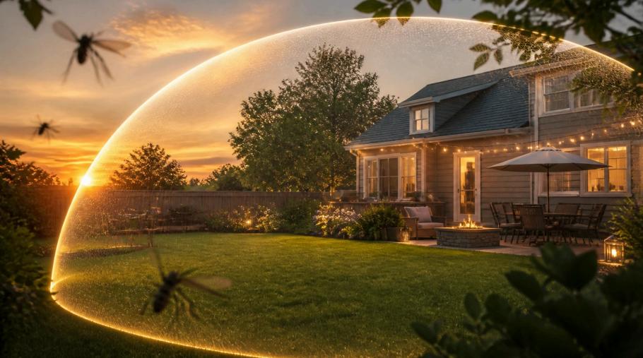 Protective mosquito barrier shield over a suburban backyard at sunset