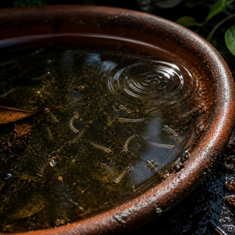 Mosquito larvae in stagnant water in a plant saucer