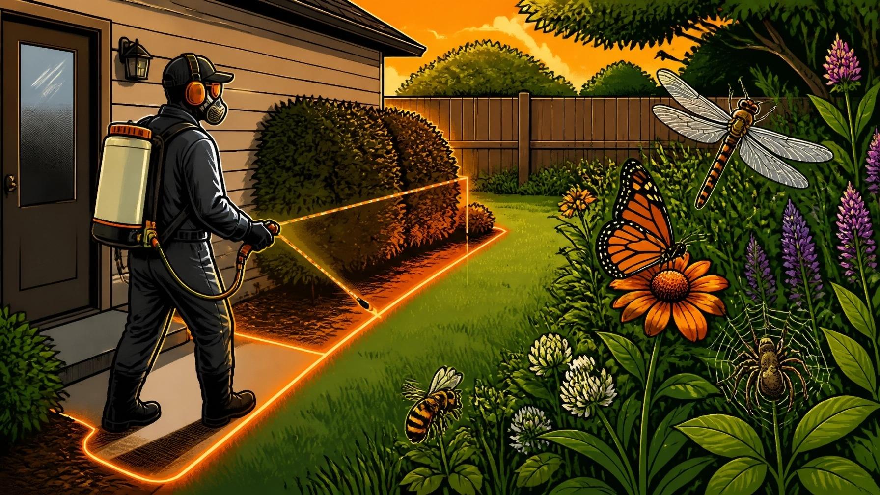 Technician applying a targeted barrier spray near beneficial insects in a backyard garden