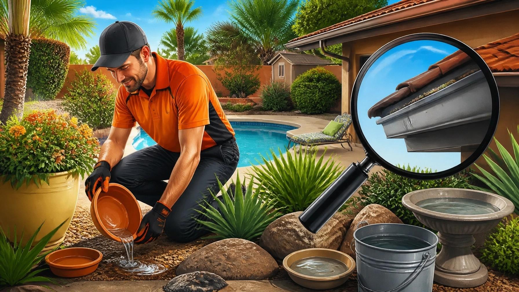 Technician dumping standing water from containers and checking clogged gutters