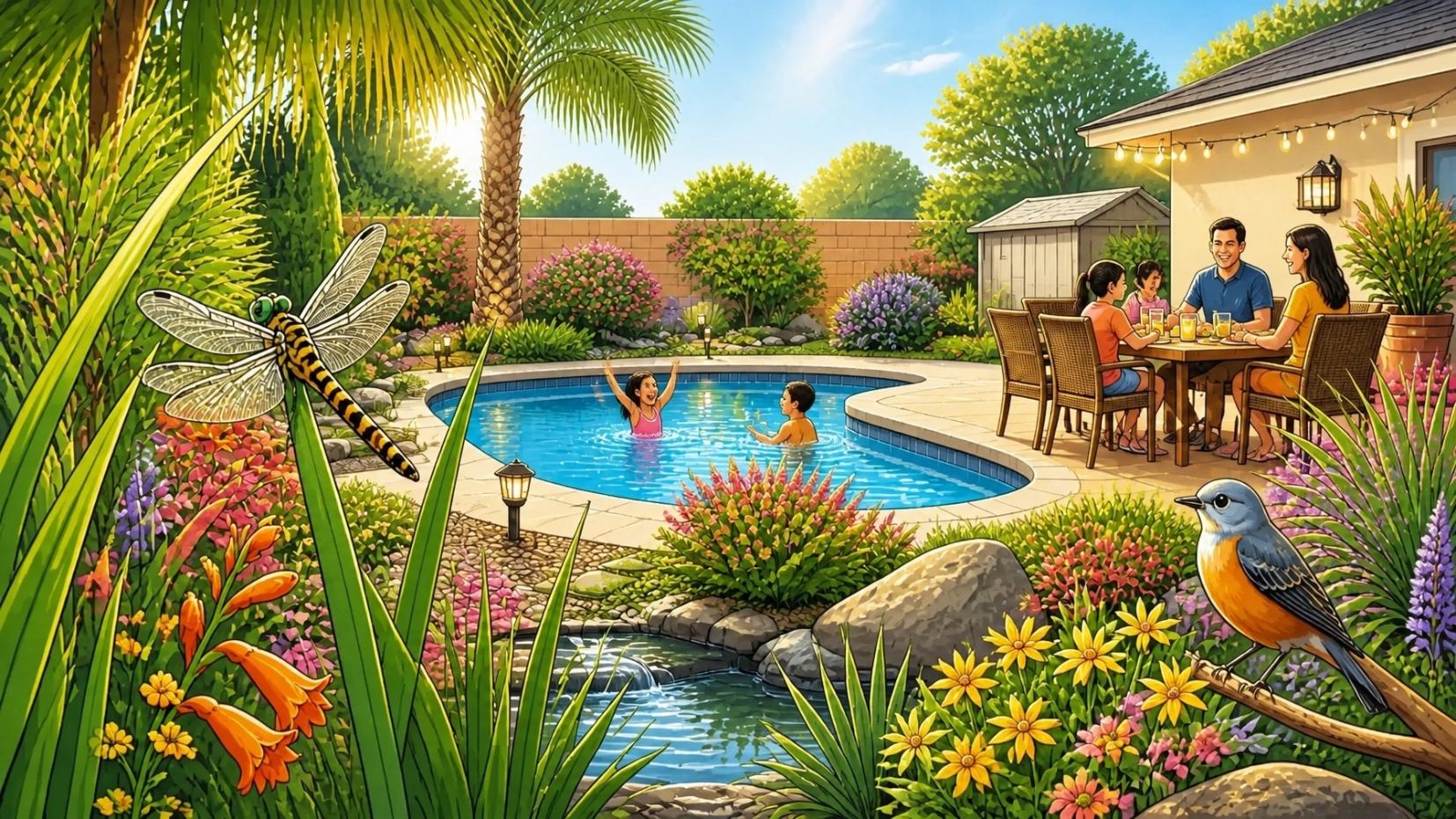Healthy backyard with family, pool, dragonfly, and birds in a balanced outdoor space