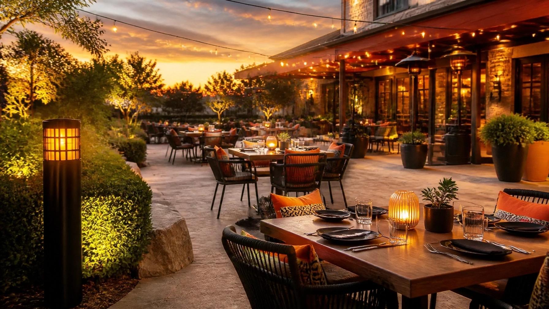 Restaurant outdoor patio dining at sunset with warm string lights