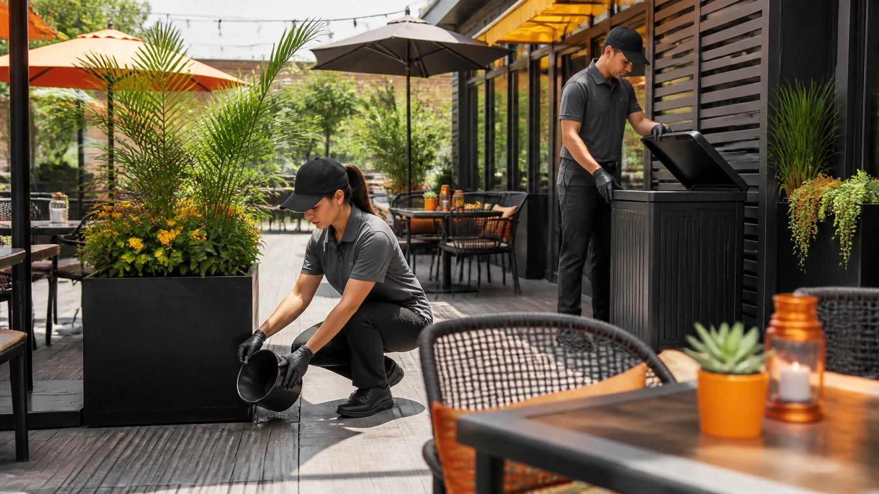 Staff emptying standing water and checking outdoor patio trash receptacles