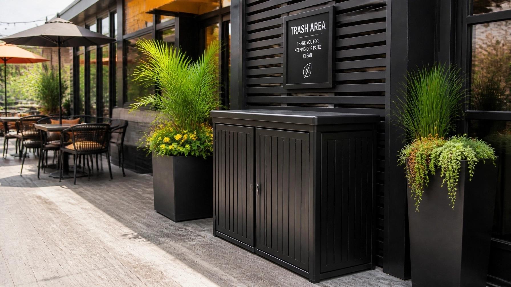 Clean outdoor trash area with sealed enclosure next to a restaurant patio
