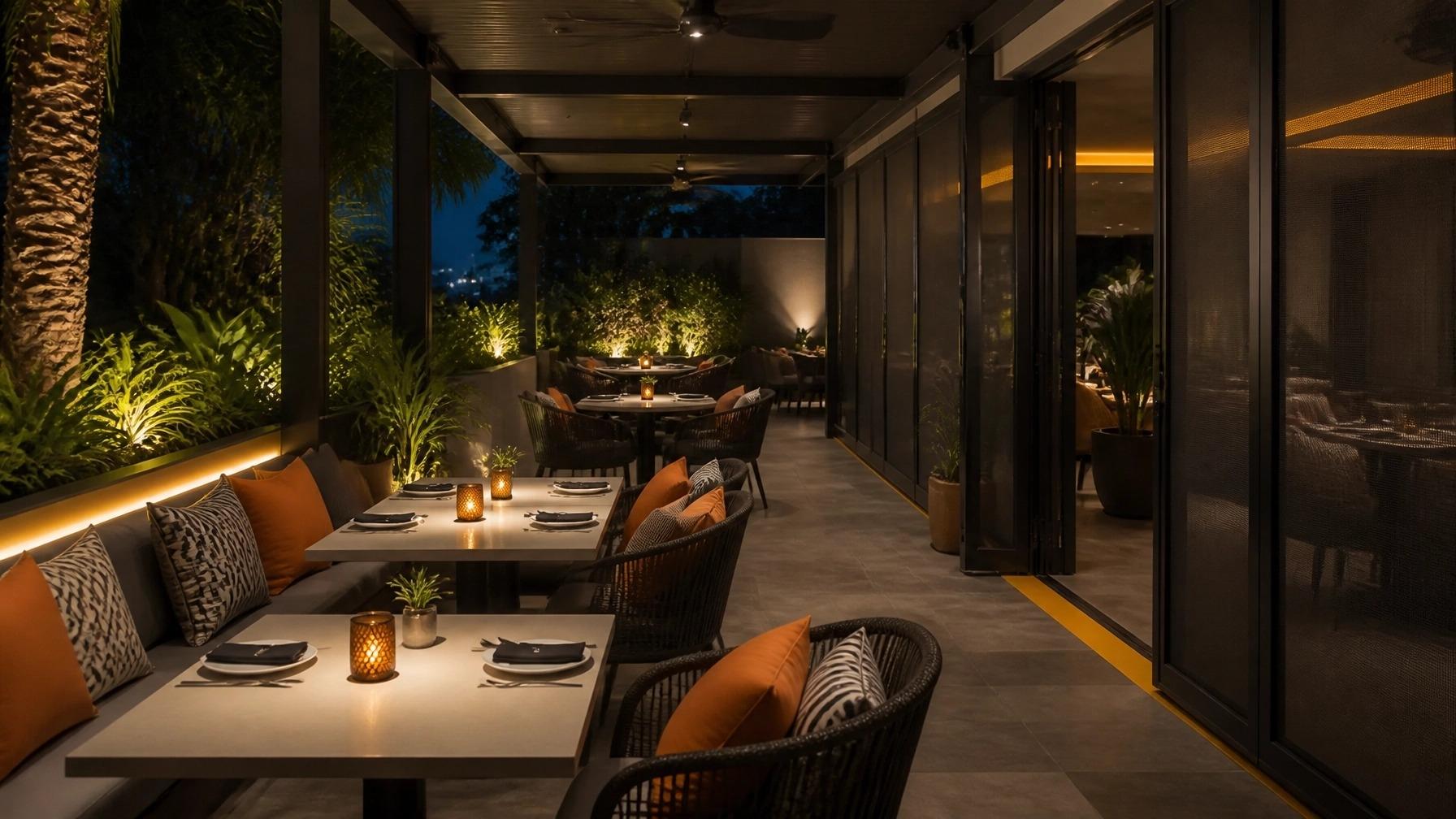 Upscale restaurant patio at night with warm lighting and outdoor seating