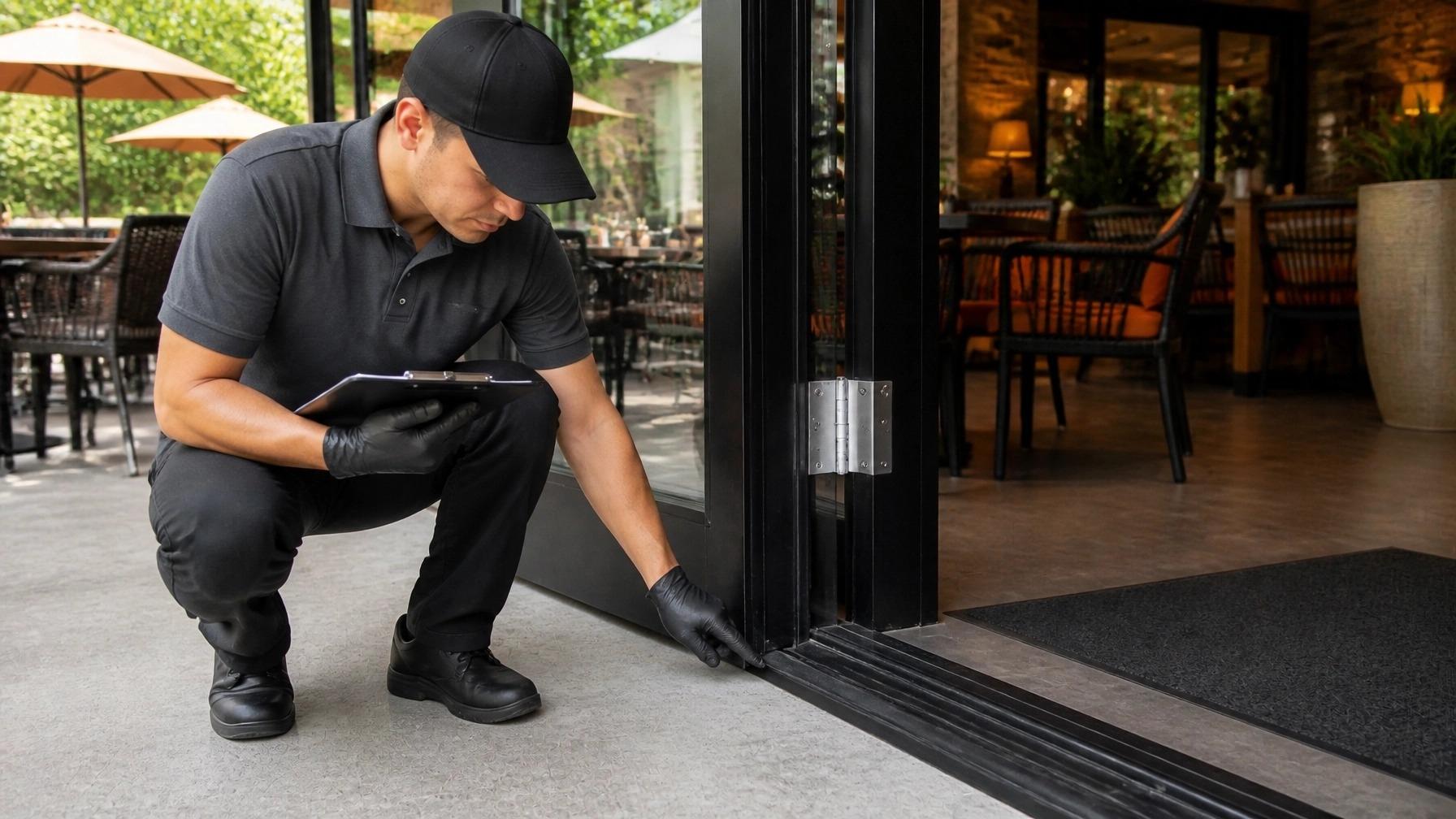 Technician inspecting gaps at a restaurant patio door threshold