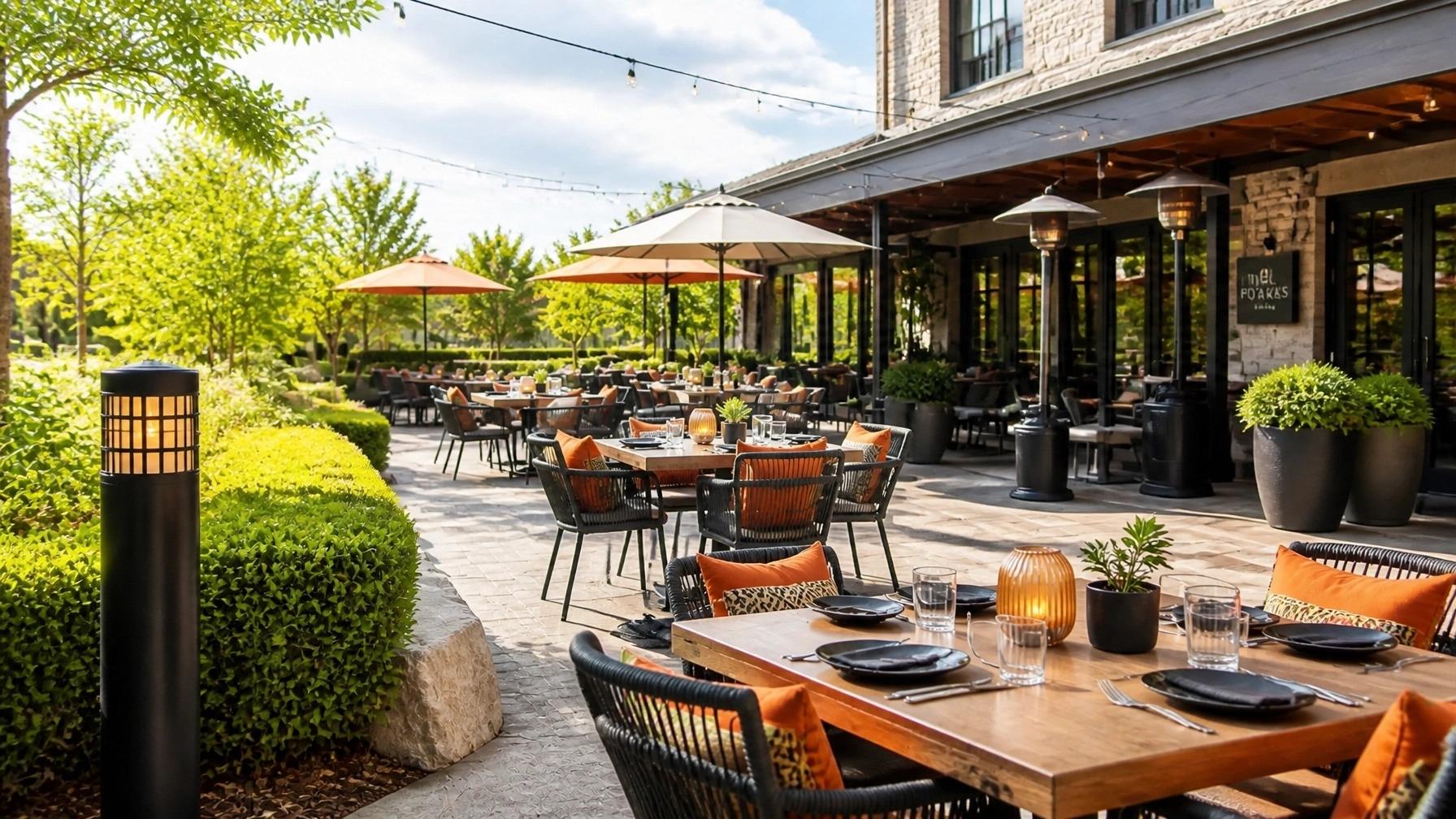 Bright daytime restaurant patio with trimmed landscaping and outdoor dining