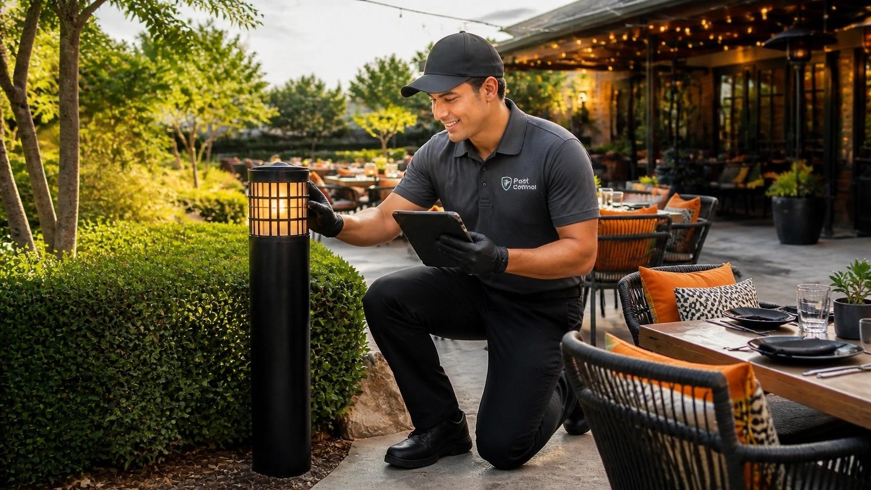 Pest control technician inspecting outdoor patio lighting on a restaurant terrace