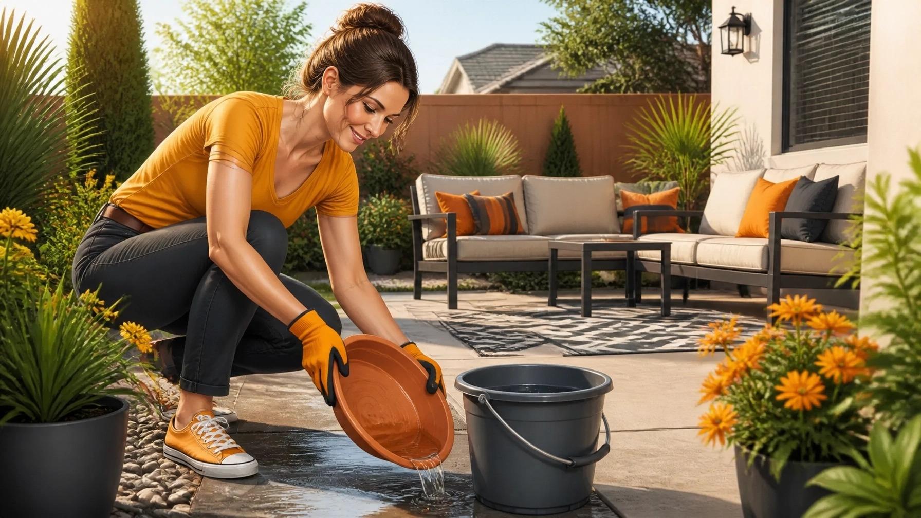 Woman emptying standing water from a plant saucer on a patio