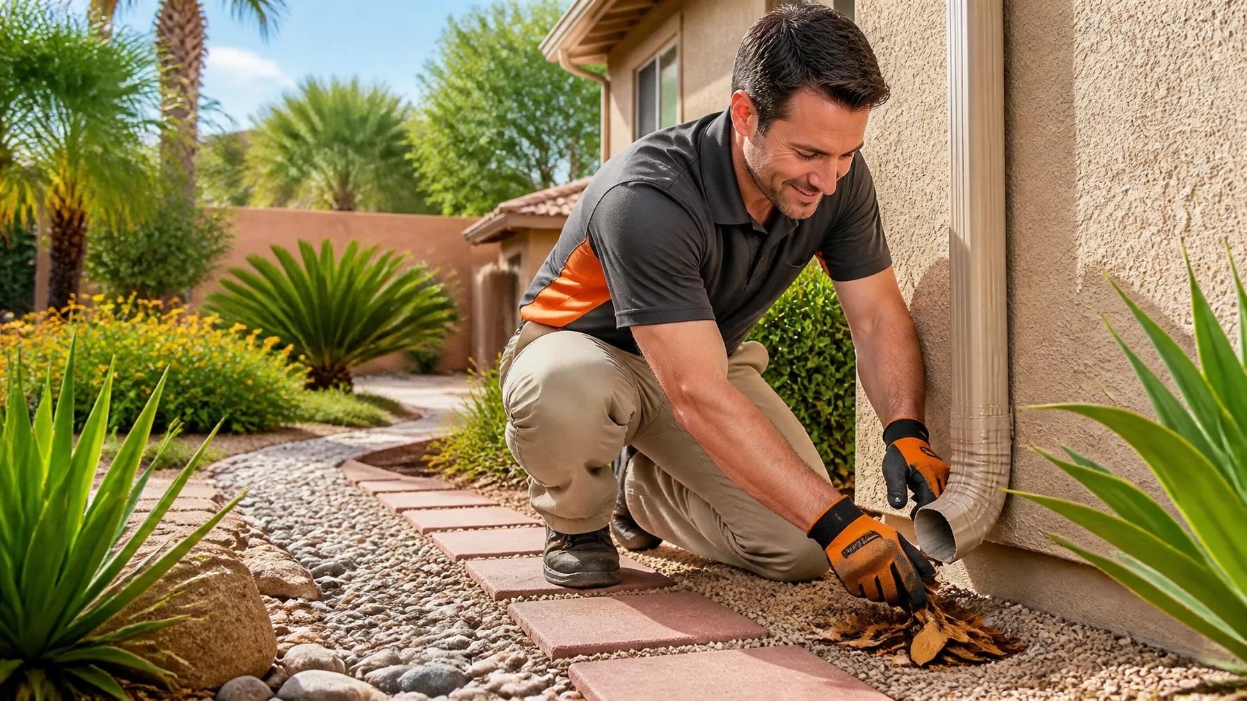 Technician clearing leaves from a gutter downspout