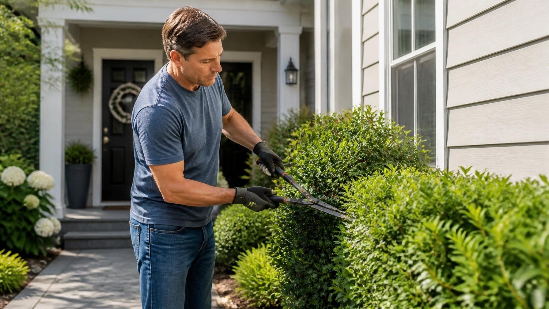 Homeowner trimming hedges near a residential entryway