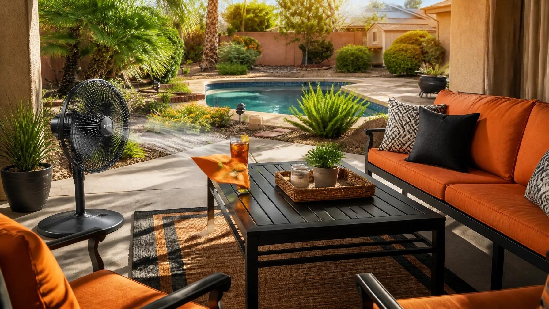Outdoor misting fan cooling a patio seating area by the pool