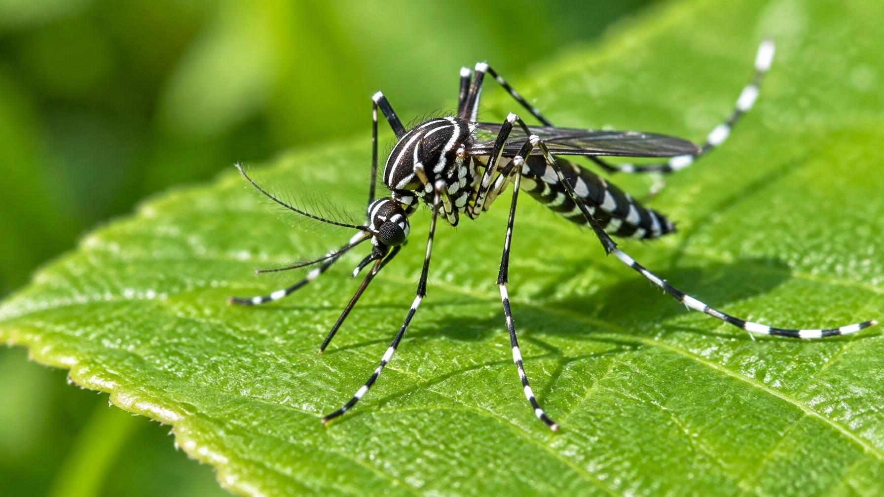Asian tiger mosquito Aedes albopictus on a green leaf