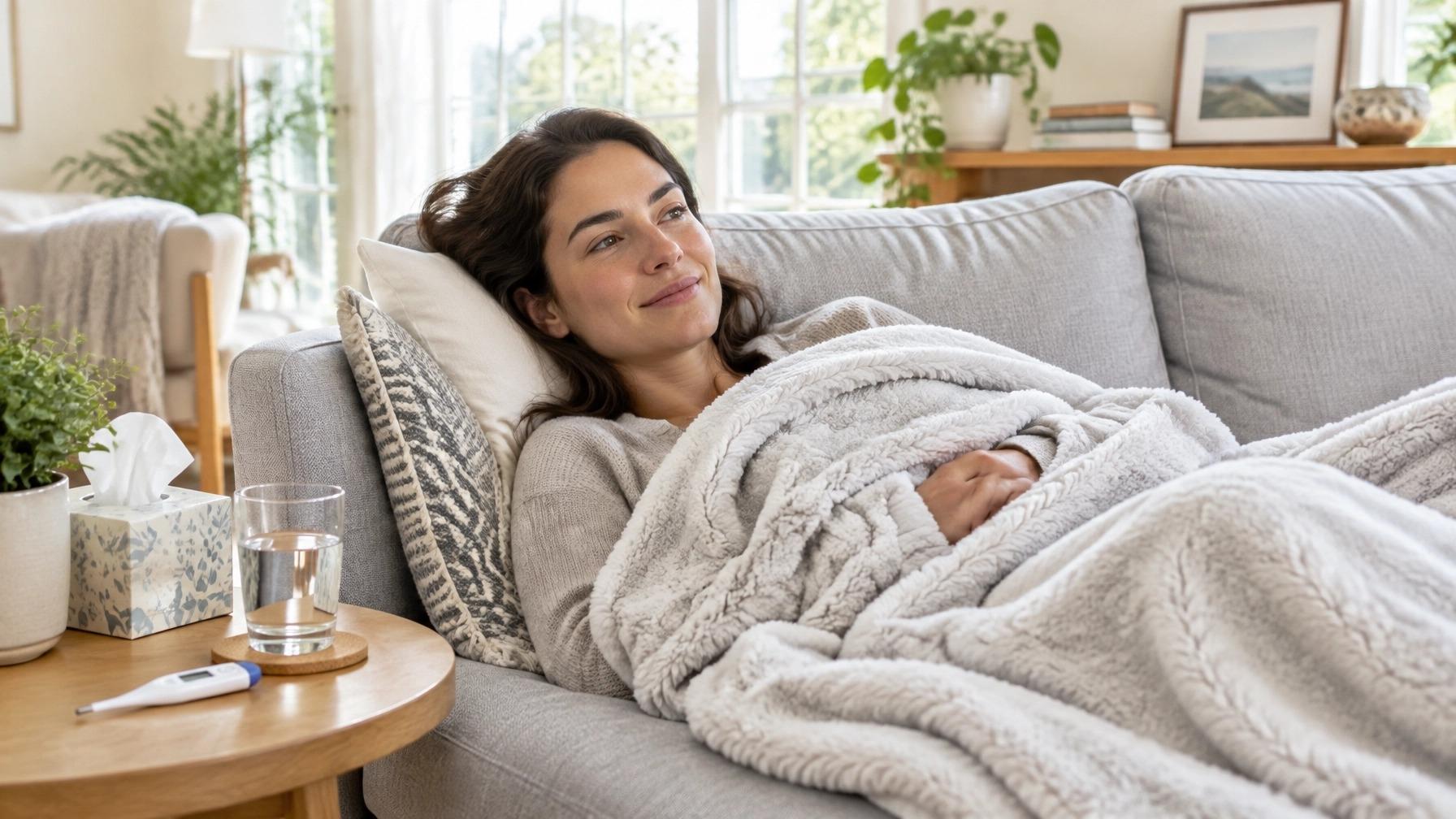 Woman resting on a sofa with thermometer and tissues nearby