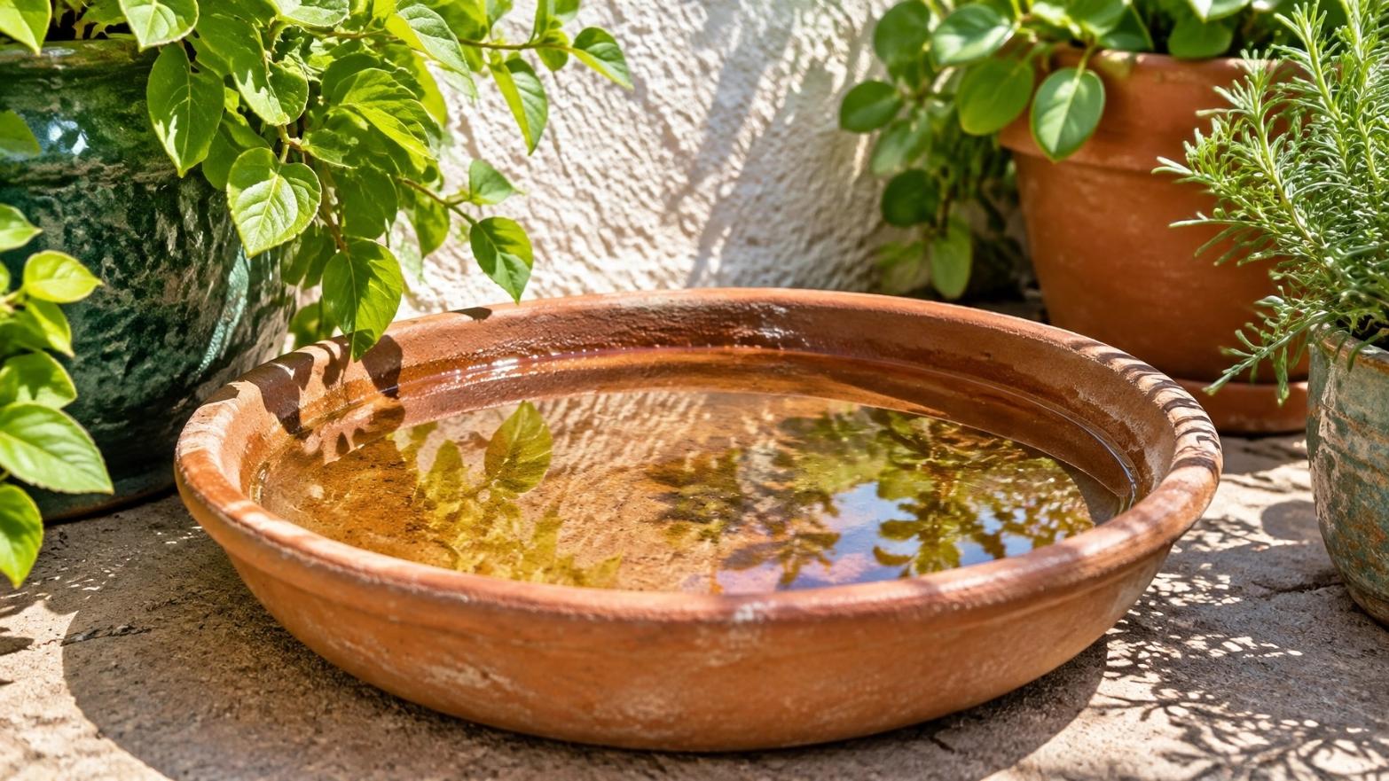 Terracotta plant saucer filled with standing water among potted plants