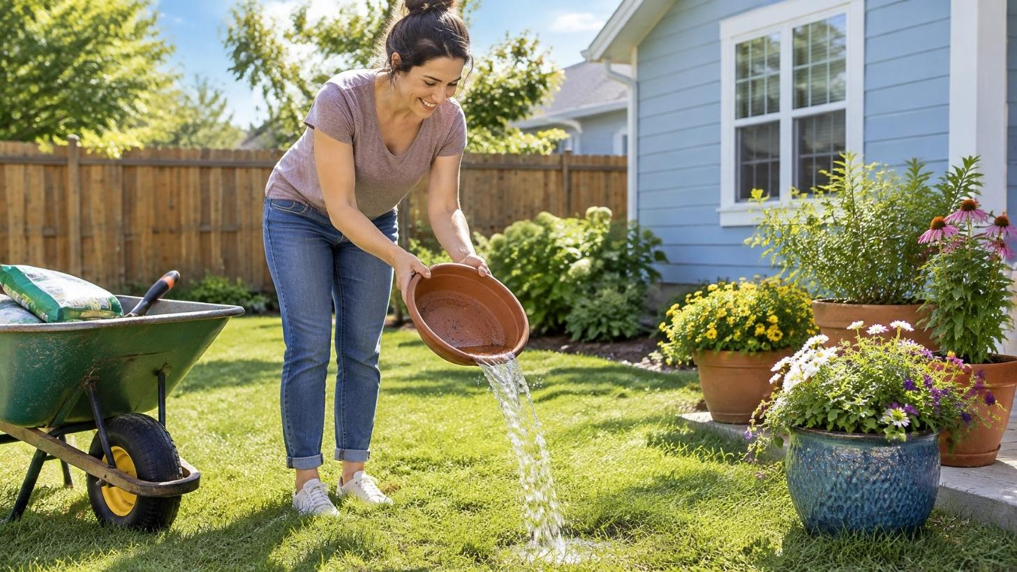 Woman pouring standing water from a planter saucer onto the lawn
