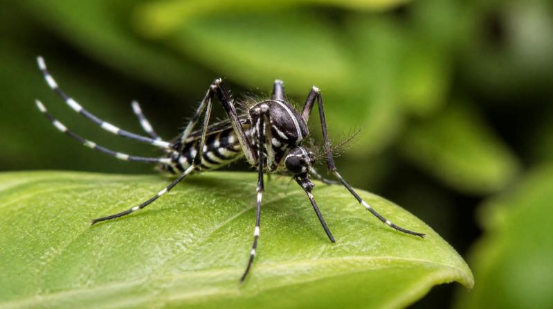 Asian Tiger mosquito (Aedes albopictus) with distinctive black and white stripes
