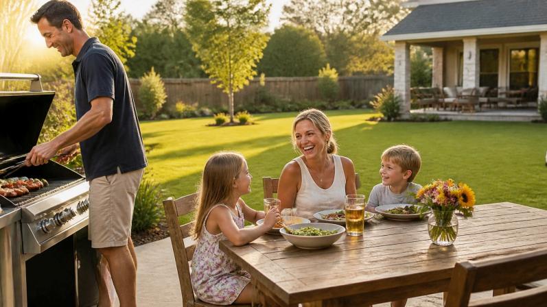 Family enjoying a backyard barbecue on a sunny Conroe patio