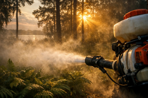 Professional misting application along Huffman’s wooded, lake-adjacent properties