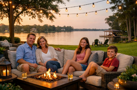 Family enjoying a Huffman, Texas evening by the water — reclaim your summer outdoors