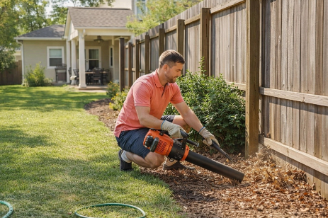 Homeowner clearing leaf litter along a fence for tick prevention