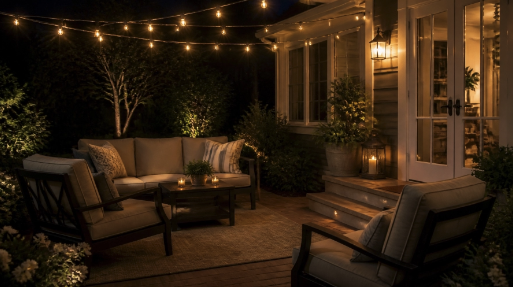 Outdoor patio at night with warm bug lights