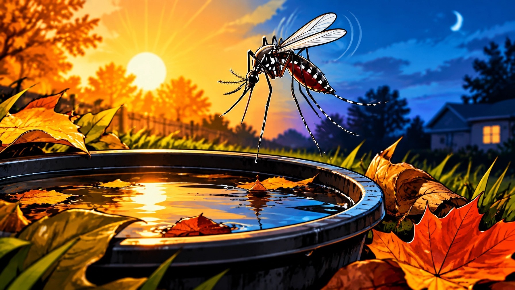 Mosquito above a water-filled tub at sunset among fallen leaves