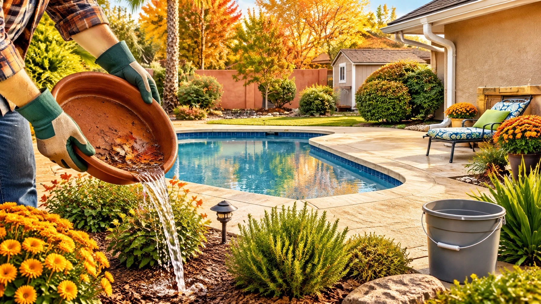 Homeowner pouring standing water from a plant saucer in a fall backyard