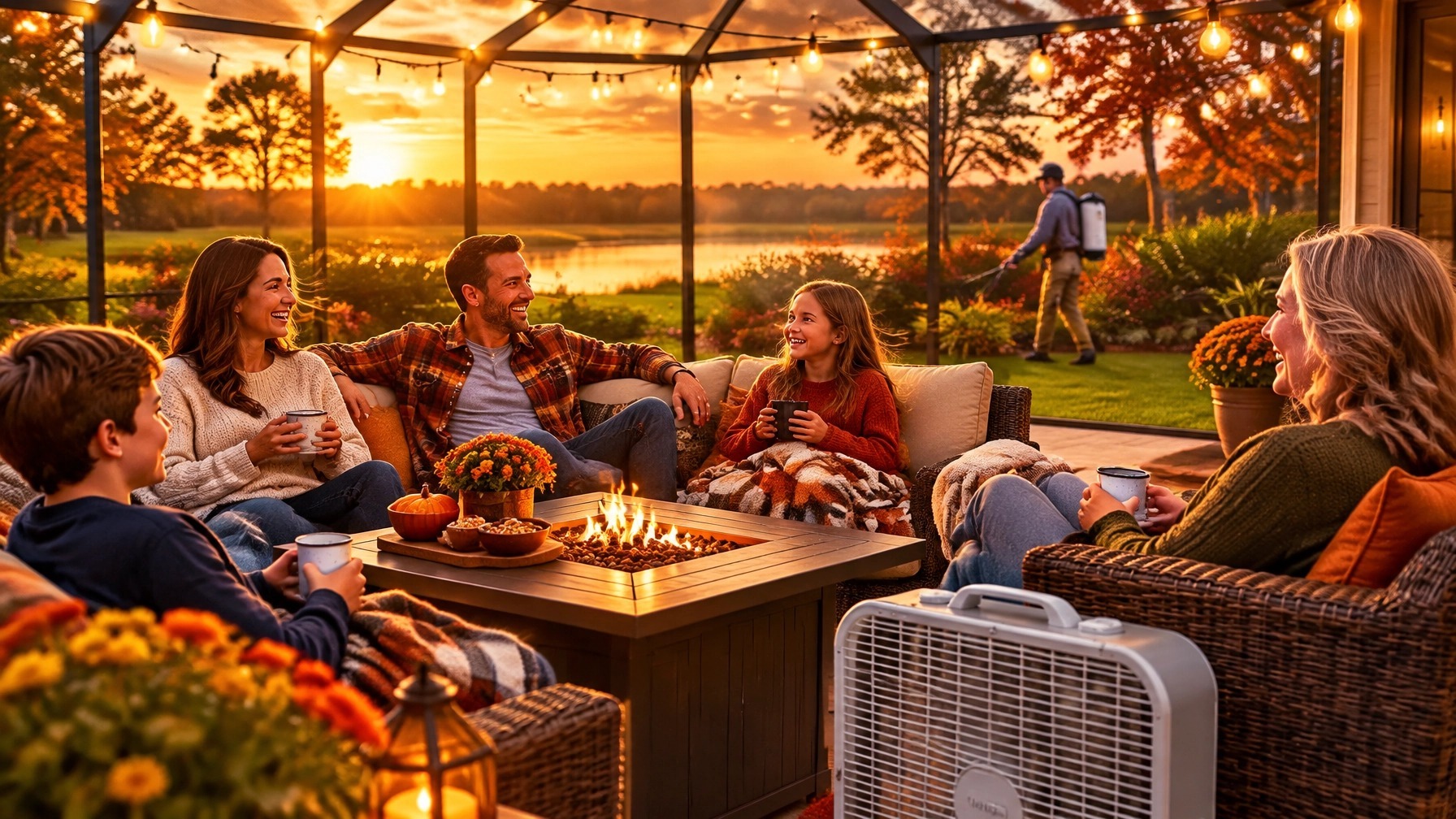 Family gathered on a screened porch in fall while a technician treats the yard