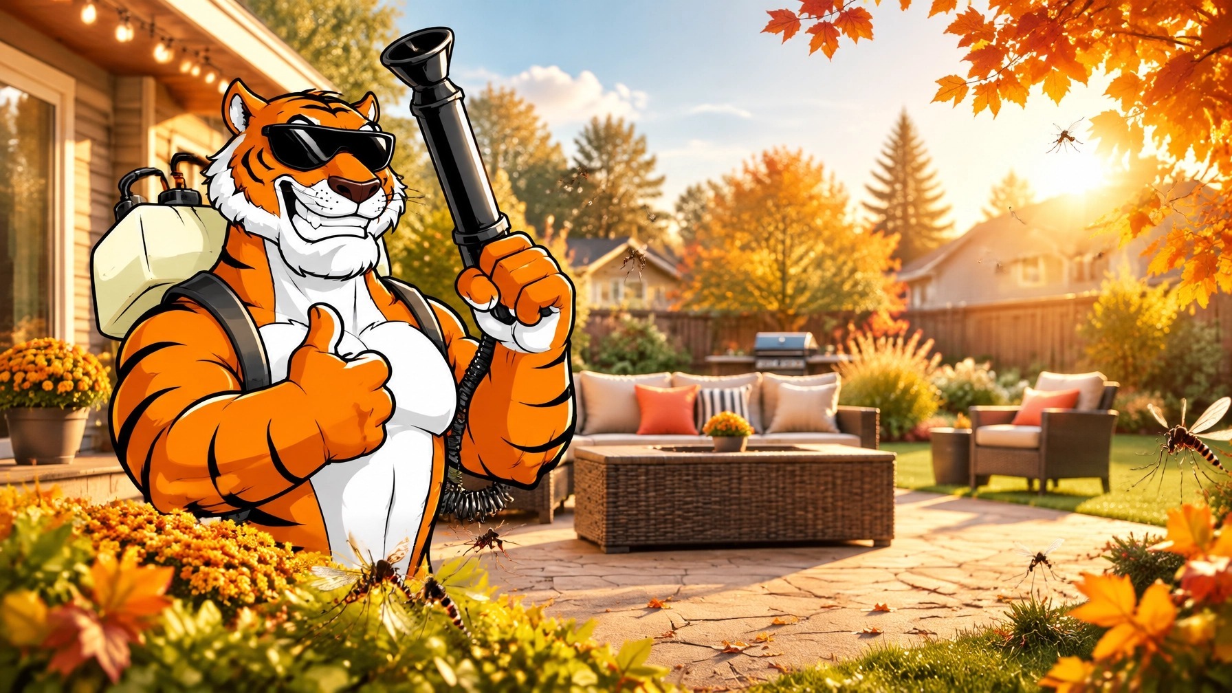 Mosquito Tiger mascot treating a backyard patio in autumn