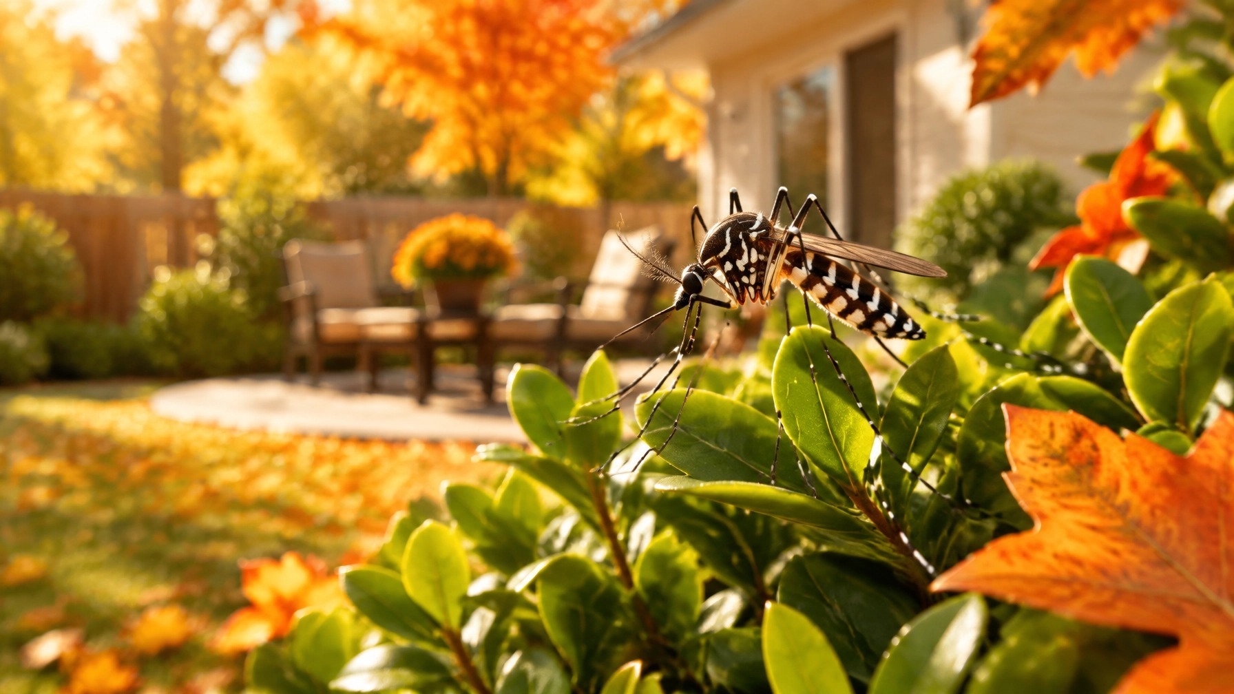 Asian tiger mosquito resting on a shrub in an autumn backyard