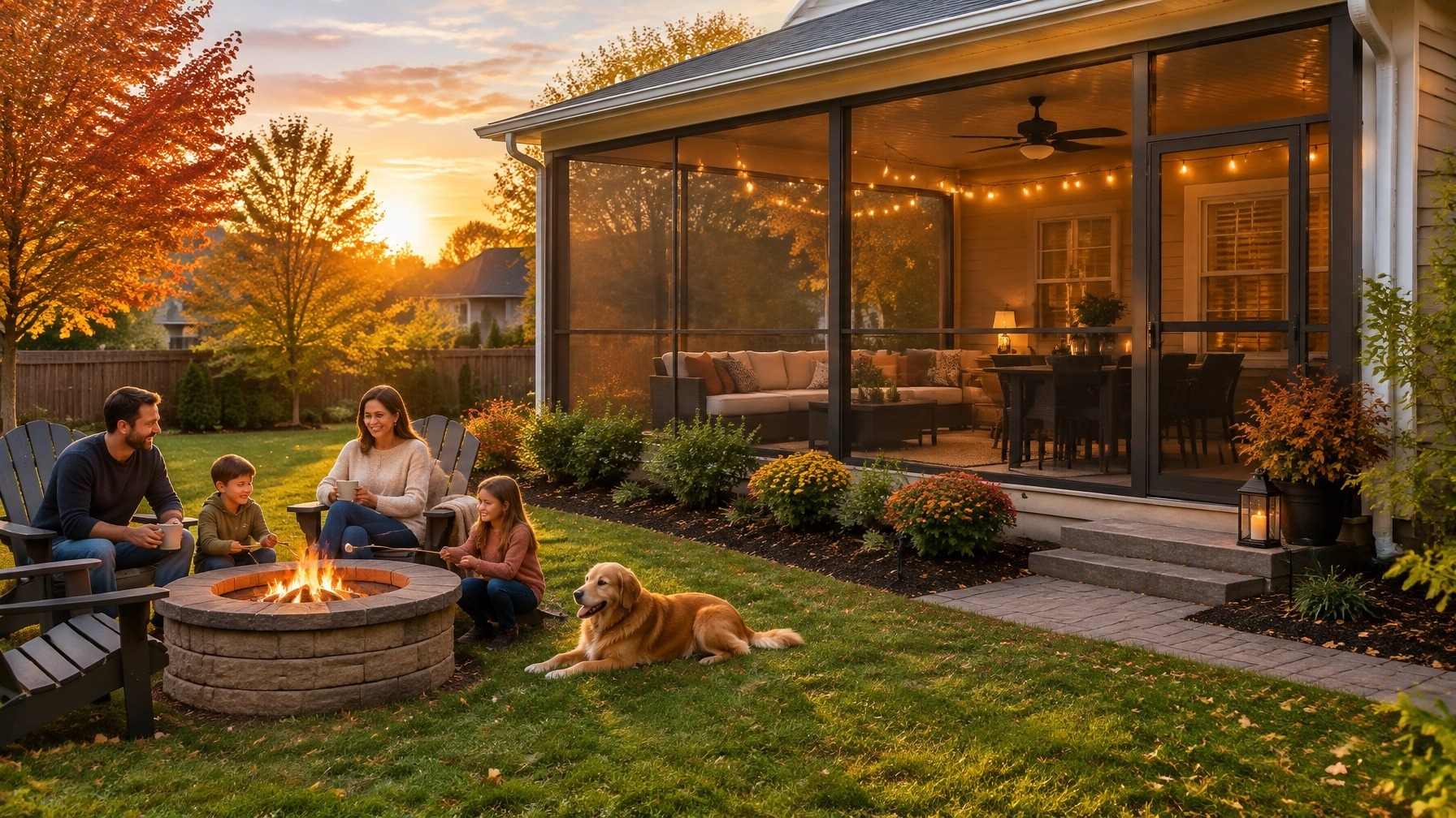 Family around a backyard fire pit beside a screened porch in autumn