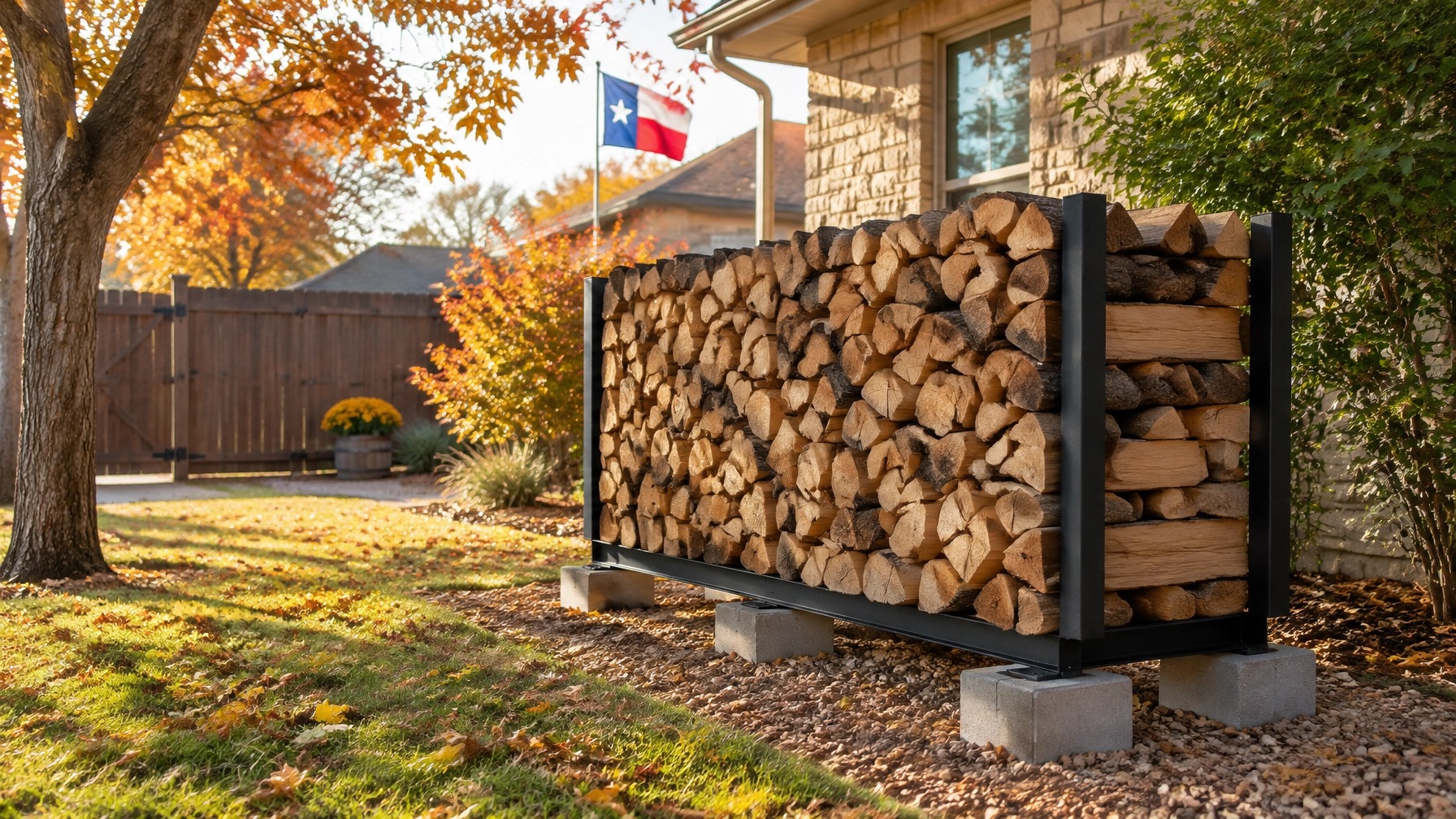 Firewood stored off the ground away from a Texas home