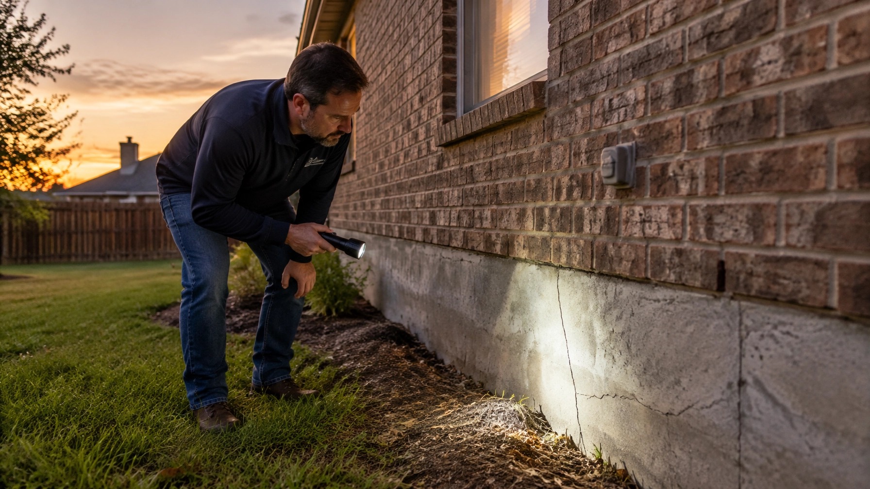 Homeowner inspecting a foundation crack with a flashlight at dusk