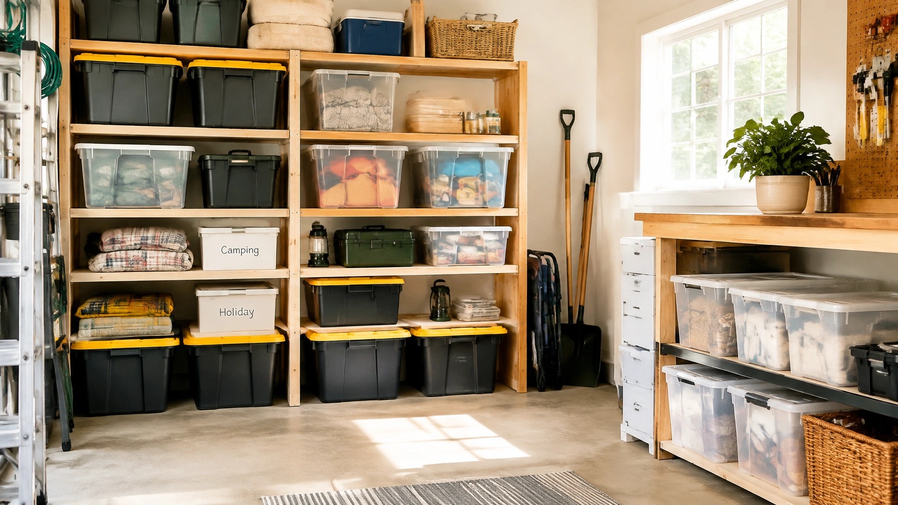Organized garage storage with sealed plastic bins