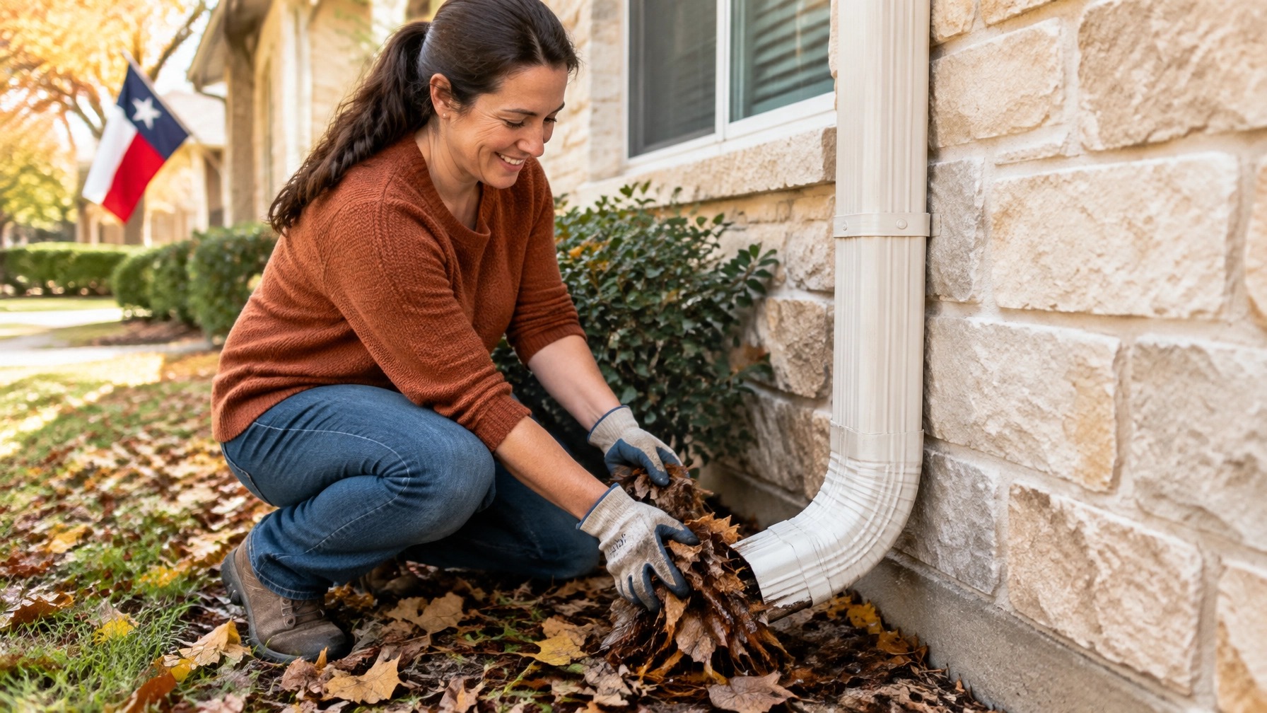 Homeowner clearing leaves from a downspout during fall cleanup