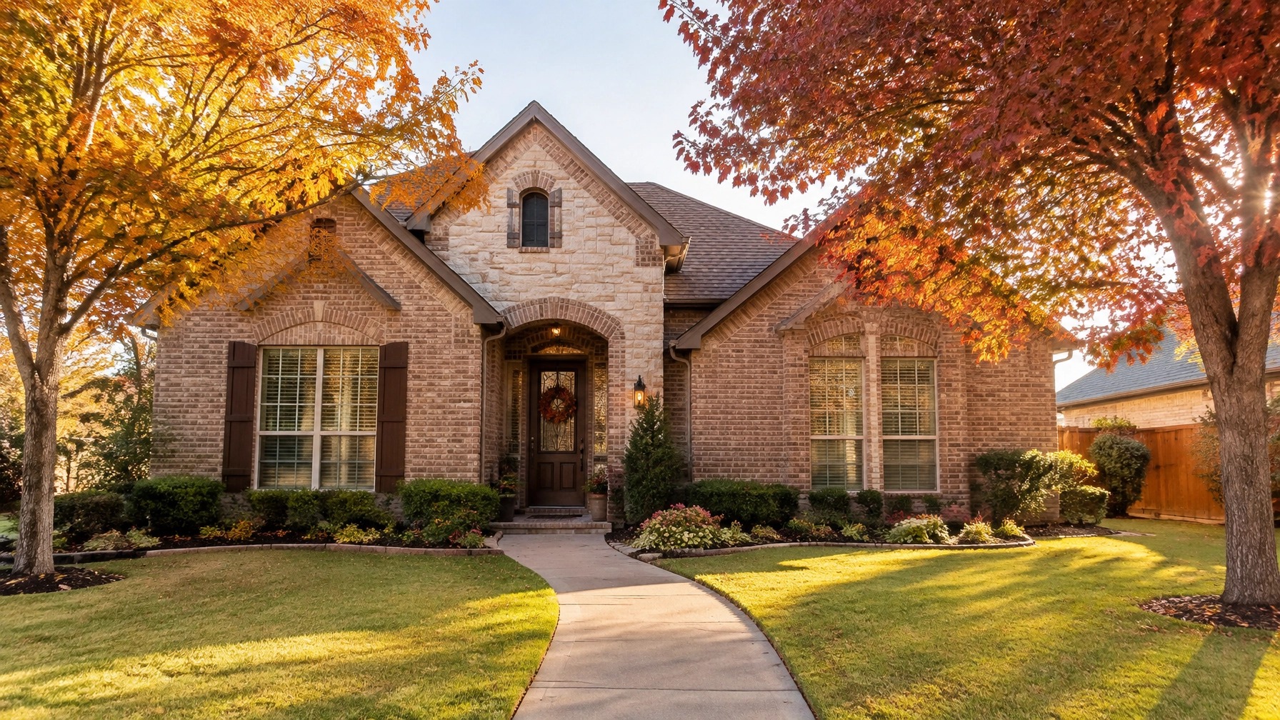 Texas home in fall with autumn foliage along the front walk