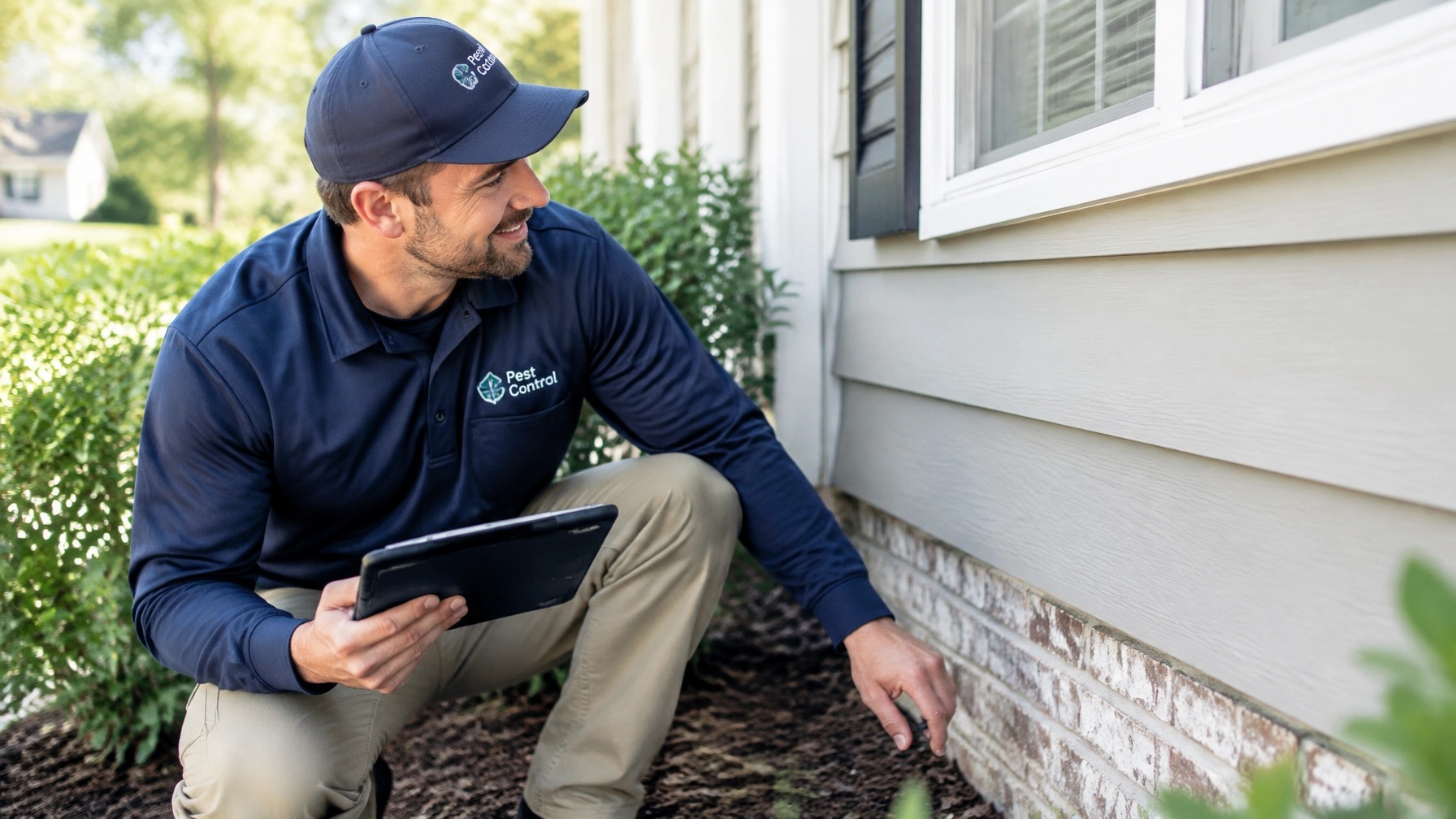 Pest control technician inspecting a home foundation