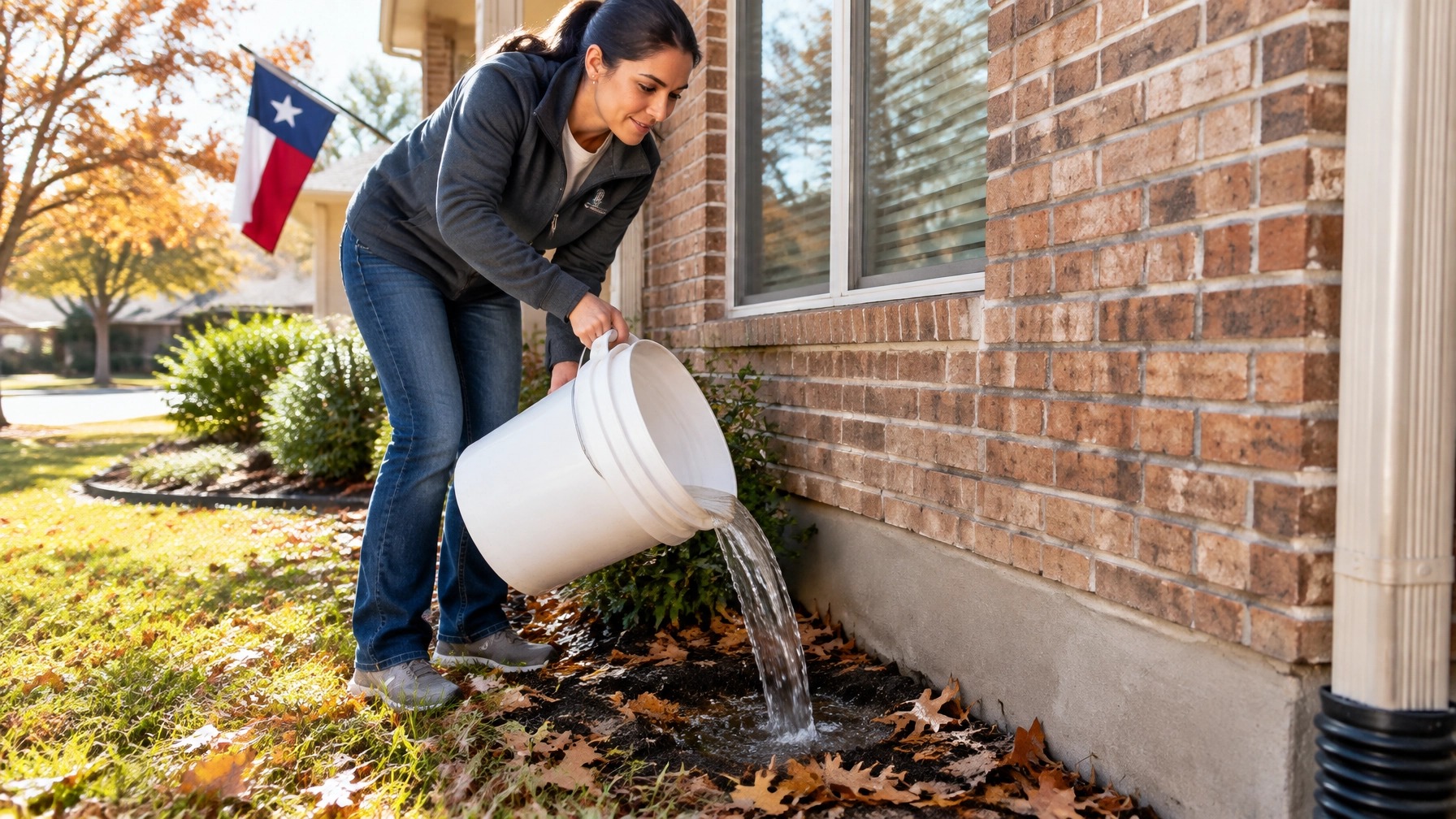 Homeowner emptying standing water near a house foundation covered in leaves