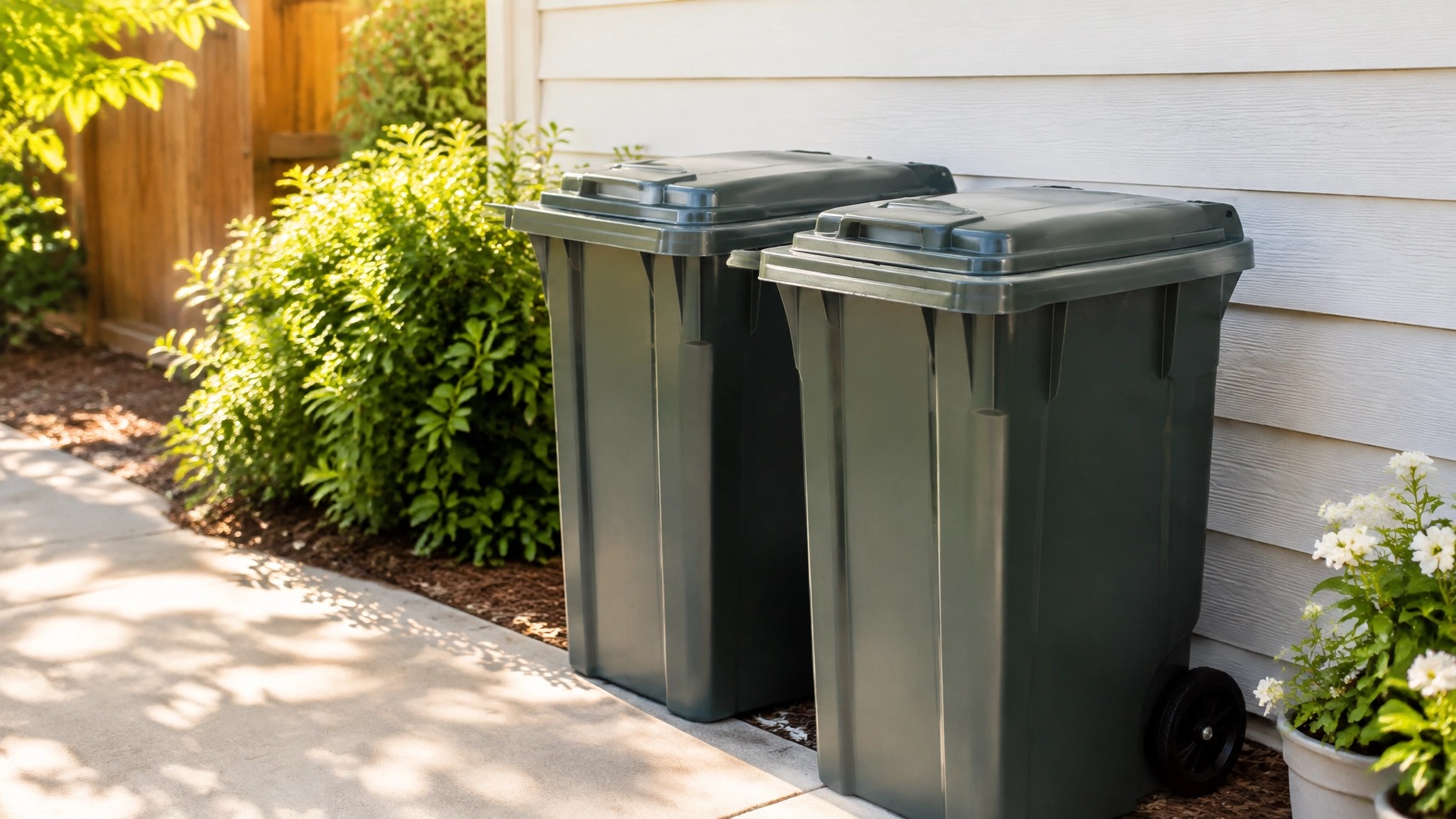 Outdoor trash cans with tight-fitting lids beside a home