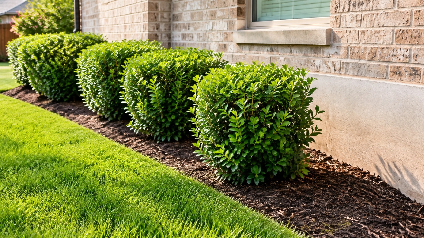 Trimmed shrubs kept clear of a home foundation