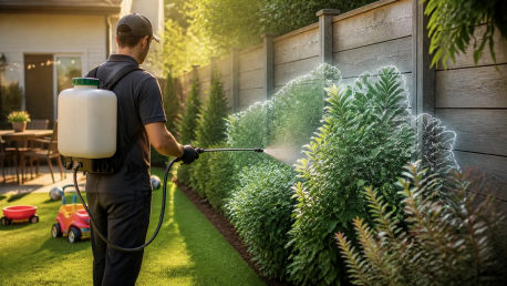 Technician applying barrier spray to backyard shrubs with protective shield effect