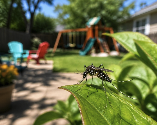 Aedes mosquito resting on a leaf beside a backyard playset where children play