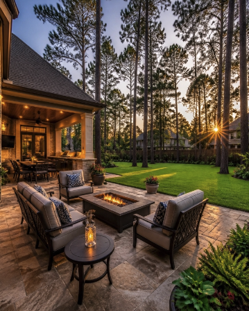 Protected outdoor patio with fire pit at sunset in The Woodlands, Texas