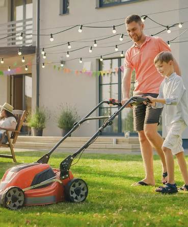 Father and son mowing a mosquito-free Texas backyard lawn