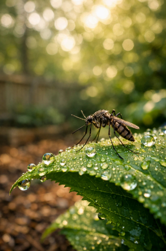 Close-up mosquito resting on wet leaf in early spring