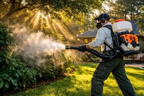 Professional technician treating backyard landscaping with backpack mist blower