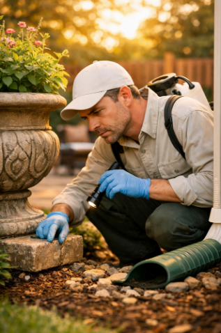 Technician inspecting planter and drainage for mosquito breeding sites